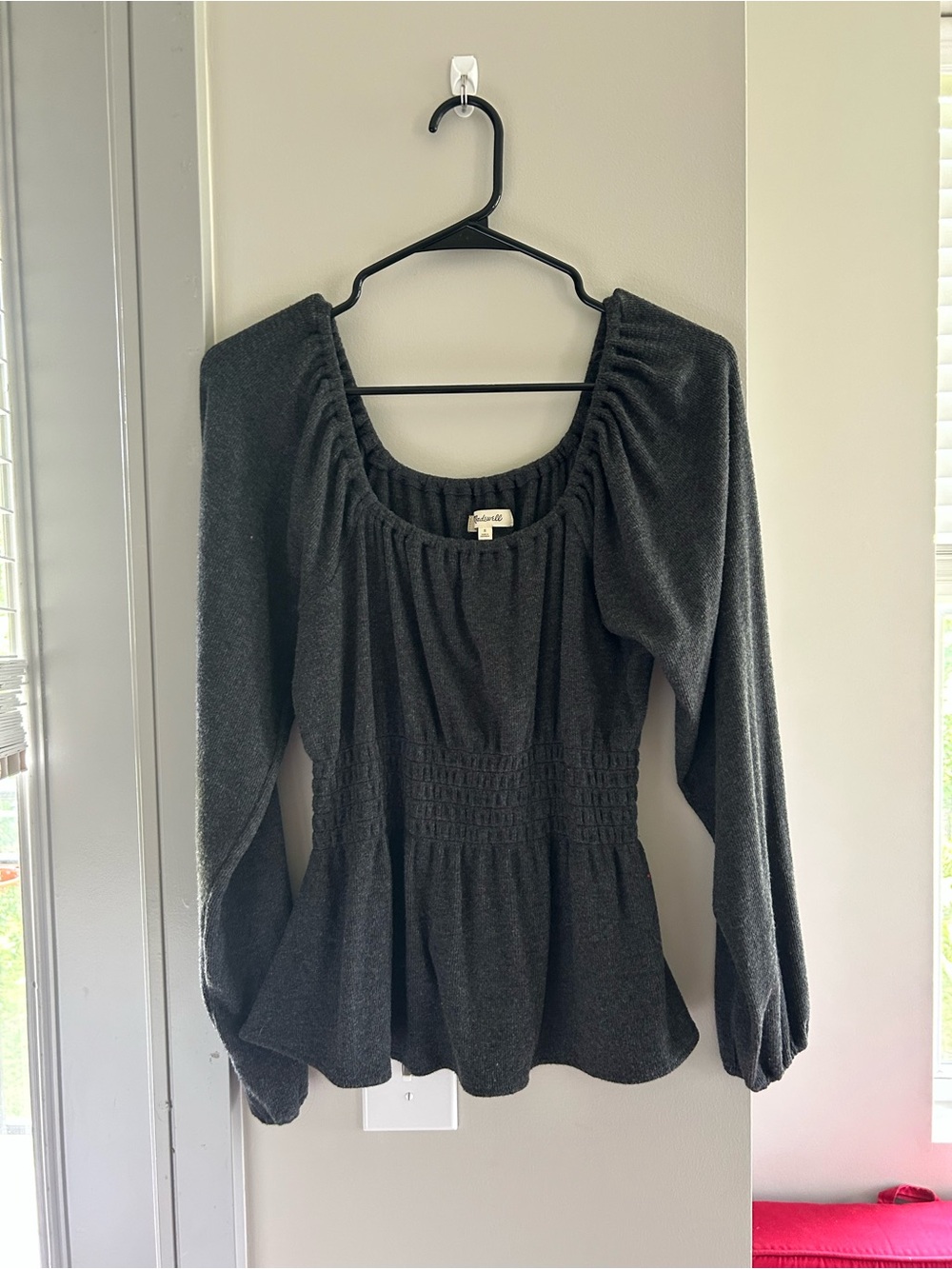 Madewell Dark Gray Smocked-Waist Peplum Long Sleeve Top
